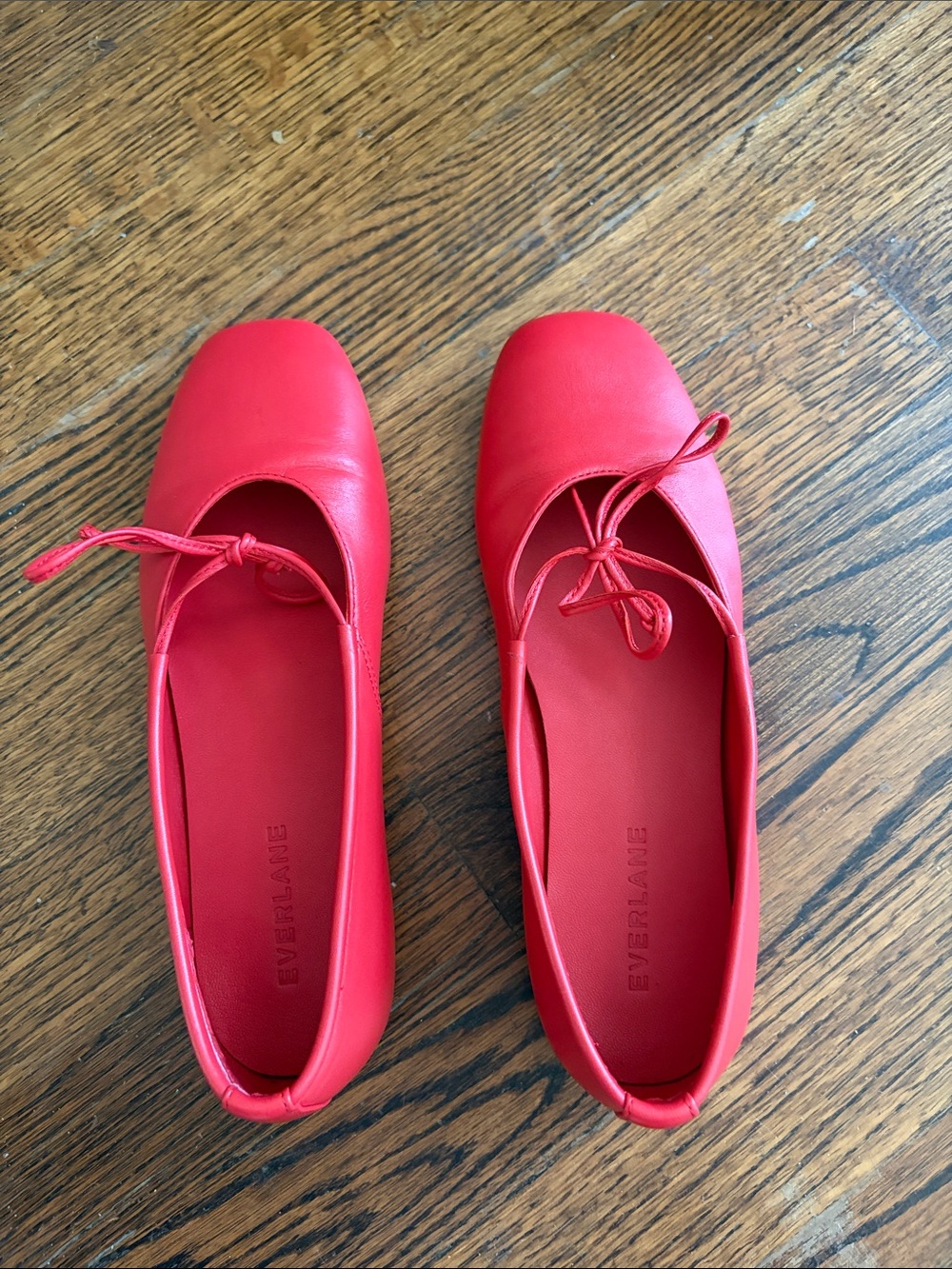 Everlane Bright Red Square-Toe Leather Ballet Flats with Bow (worn once)